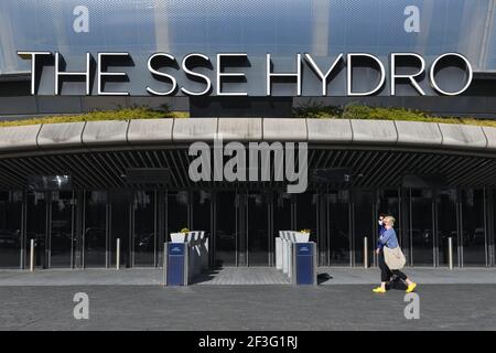 Die SSE Hydro Eingang und Schild an der Außenfassade in Finnieston, Glasgow, Schottland, Großbritannien Stockfoto