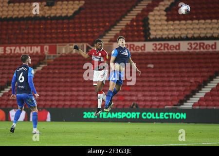 MIDDLESBROUGH, ENGLAND. 16th. MÄRZ: Chuba Akpom von Middlesbrough steht beim Sky Bet Championship-Spiel zwischen Middlesbrough und Preston North End am Dienstag, dem 16th. März 2021, im Riverside Stadium in Middlesbrough vor dem Tor. (Kredit: Mark Fletcher, Mi News) Kredit: MI Nachrichten & Sport /Alamy Live Nachrichten Stockfoto