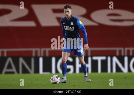 MIDDLESBROUGH, ENGLAND. MÄRZ 16th: Liam Lindsay von Preston North End während des Sky Bet Championship Spiels zwischen Middlesbrough und Preston North End im Riverside Stadium, Middlesbrough am Dienstag, den 16th. März 2021. (Quelle: Mark Fletcher, Mi News) Stockfoto