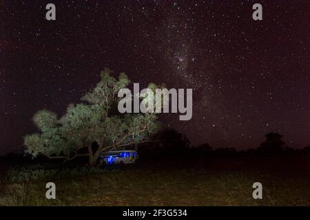 Toyota Coaster Wohnmobil Camping unter den Sternen im Outback in Charlotte Plains, in der Nähe von Cunnamulla, Queensland, QLD, Australien Stockfoto