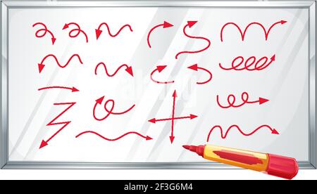 Verschiedene Arten von roten handgezeichneten geschwungenen Pfeilen auf weiß Abbildung der Platine Stock Vektor