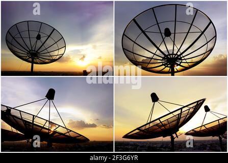 Set von Satellitenschüsseln auf Dämmerungshimmel Hintergrund Stockfoto