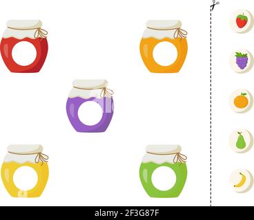 Schneiden und kleben Spiel mit bunten Marmeladen Gläser. Pädagogische logische Spiel für Kinder. Passendes Spiel. Stock Vektor