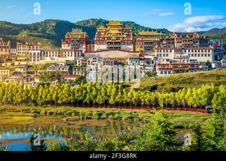 Songzanlin Kloster und grüne Natur bei Sonnenuntergang und blauer Himmel In Shangri-La Yunnan China Stockfoto