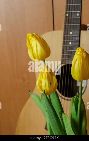 Blumenstrauß und eine akustische Gitarre auf braunem Hintergrund. Drei gelbe Tulpen aufrecht. Verblassende Popularität, vergessener Ruhm Konzept. Stockfoto