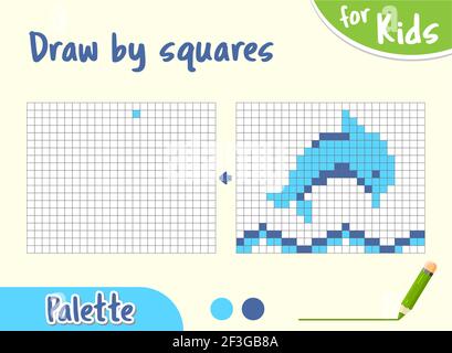Kopieren Sie das Bild, Pixel Art. Spiel für kleine Kinder Zeichnen Sie einen Delphin von Zellen. Blue Delphin Cartoon, Zeichnung Fähigkeiten Ausbildung. Kindervorschulaktivitäten. Stock Vektor