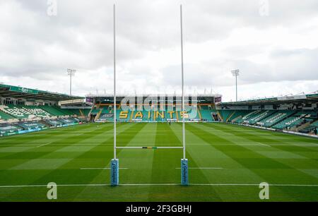 Allgemeine Ansicht des Frankin's Gardens Stadium vor dem Spiel während eines Gallagher Premiership Runde 13 Rugby Union Spiel, Samstag, 13. März 2021, in Stockfoto