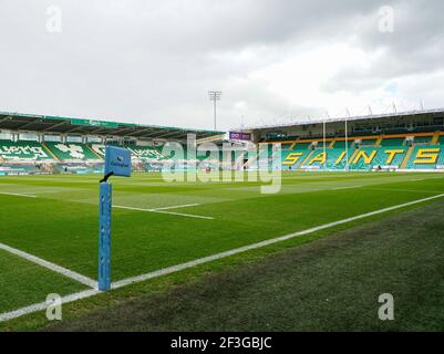 Allgemeine Ansicht des Frankin's Gardens Stadium vor dem Spiel während eines Gallagher Premiership Runde 13 Rugby Union Spiel, Samstag, 13. März 2021, in Stockfoto