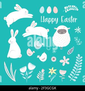 Ostern Clip Art Icon Set. Vektor saisonal isolierte Bilder von Ostern Zeit dekorative Elemente, niedlichen Hasen, Lamm, Eier, Küken, Laub und Blumen. Stock Vektor