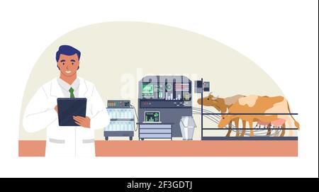 Smart Rinderfarm, flache Vektor-Illustration. Automatische Kuh Melkmaschine. IoT, Smart Farming-Technologie in der Landwirtschaft Stock Vektor