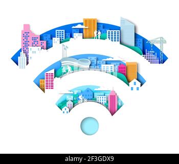 WiFi-Schild mit Stadtelementen. Vektorgrafik im Papierkunststil. Drahtlose Internetverbindung Stock Vektor