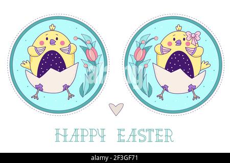 Ein Paar niedliche gelbe Vögel. Osterküken Mädchen und Junge in einem Ei mit einem Blumenstrauß in einem runden dekorativen Medaillon. Vektorgrafik. Kolo Stock Vektor