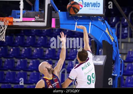 Barcelona, Spanien. März 2021, 16th. 16. März 2021, Barcelona, Katalonien, Spanien: Gal Mekel und Nick Calathes im Spiel zwischen dem FC Barcelona und Unicaja Malaga, entsprechend der Woche 25 der Liga Endesa, spielten im Palau Blaugrana. Foto: JGS/Cordon Press Kredit: CORDON PRESS/Alamy Live News Stockfoto