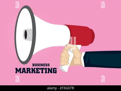 Hand hält Megaphon mit Text Business Marketing isoliert auf rosa Hintergrund. Stock Vektor