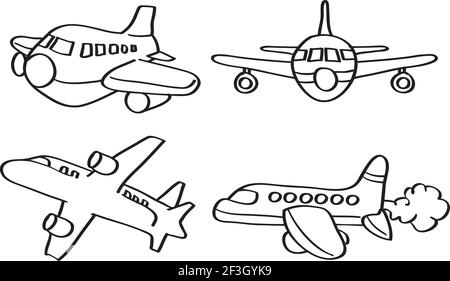 Satz von vier Vektor Umriss Illustration von Cartoon-Flugzeug in verschiedenen perspektivischen Ansichten isoliert auf weißem Hintergrund. Stock Vektor