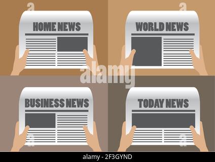 Hands Holding Zeitung mit verschiedenen Sektionen Titel und Schlagzeilen. Satz von vier Vektor-Cartoon-Illustration isoliert auf einfachem Hintergrund. Stock Vektor