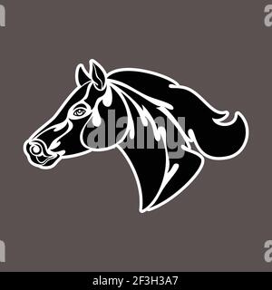 Handgezeichnetes abstraktes Porträt eines Pferdes. Aufkleber. Vektor stilisierte Illustration isoliert auf dunklem Hintergrund. Stock Vektor