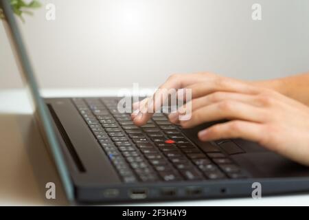 Person, die aus nächster Nähe am Computer im Büro arbeitet Stockfoto