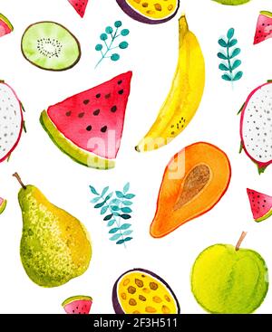 Aquarell nahtlose tropische Frucht Illustration, Wassermelone Pfote, Birne, Banane mit Kiwi, Libelle, Passionsfrucht Stockfoto