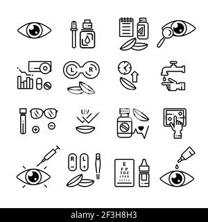 Satz linearer Symbole für Vektorkontaktlinse und Ophtalmologie. Isolierte Gliederungsabbildungen. Stock Vektor