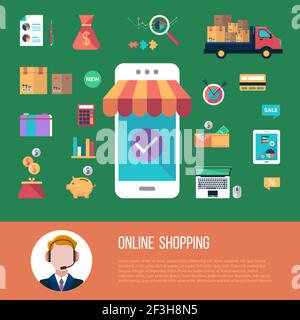 Online-Shopping-Konzept, Internet-Vertrieb, mobiles Marketing im flachen Stil. Vektorgrafik. Stock Vektor