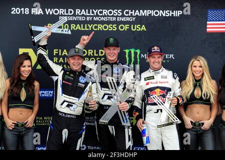 SOLBERG Petter (NOR) PSRX Volkswagen Schweden Volkswagen Polo R, Portrait, BAKKERUD Andreas (NOR) EKS Audi Sport Audi S1, Portrait, KRISTOFFERSSON Johan (SWE) PSRX Volkswagen Schweden Volkswagen Polo R, Portrait, Podium Ambiente, Während der 2018 FIA World RX of USA vom 29. Bis 30. September in Austin - Photo Paulo Maria / DPPI Stockfoto