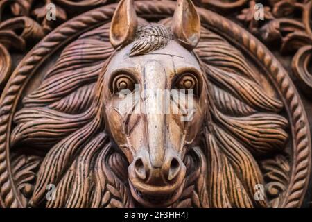 Toller 30 cm Holz Pferde-Kopf Büste Hengst Tier Handarbeit Rappen Bali Pferd02