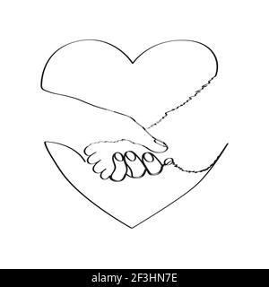 Menschliche Hand hält Tierpfote mit Liebe. Mit einer Linie gezeichnet. Isolierte Vektorgrafik für Rohware Stock Vektor