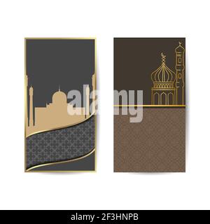 Ramadan Kareem vertikale Poster. Konzept der arabischen religiösen Feiertage. Hängende Laternen und Moschee auf schwarzem Hintergrund. islamische Hintergrund Banner Stock Vektor