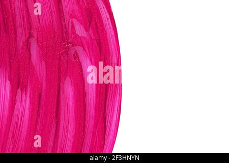 Lila Kosmetik Abstrich Muster. Liquid Lippenstift Kosmetik isoliert auf weiß. Schönheit Produkt Probe Nahaufnahme. Rosa Muster matt Hintergrund. Make-Up Stockfoto