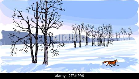 Winterlandschaft mit einem Feld und einer Gruppe von Bäumen. Eines der vier Gemälde der Jahreszeiten. Weiße und blaue Farbe und Akzent auf dem laufenden roten Fuchs Stock Vektor