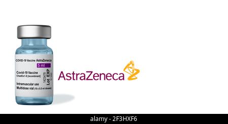 Marseille, France - Mars 16, 2021: AstraZeneca COVID-19 vaccine -Coronavirus Vaccine on Vial - Banner design with copy space Stock Photo