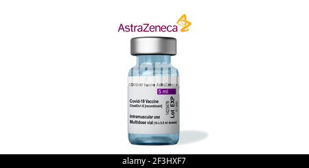 Marseille, France - Mars 16, 2021: AstraZeneca COVID-19 vaccine -Coronavirus Vaccine on Vial - Banner design with copy space Stock Photo