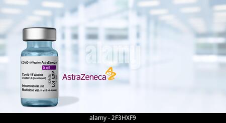 Marseille, France - Mars 16, 2021: AstraZeneca COVID-19 vaccine -Coronavirus Vaccine on Vial - Banner design with copy space Stock Photo