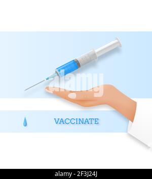 Konzept der Impfung oder der Verweigerung von Drogen. Eine Spritze auf der Hand in einem Verbotszeichen und eine Hand, die Protest ausdrückt. Vektorgrafik. Stock Vektor