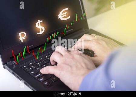 Investitionen in Laptop und Börsenkonzept gewinnen mit Gewinnen und verblassten Candlestick Charts. Hands on Laptop Computer mit Karte Overlay. Stockfoto