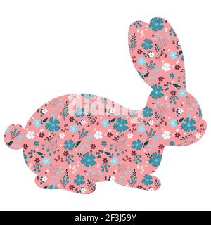 Vektorgrafik Osterhase. Rosa Kaninchen mit floralen, Blumen Dekoration innen Hase Form isoliert auf weißem Hintergrund. Stock Vektor