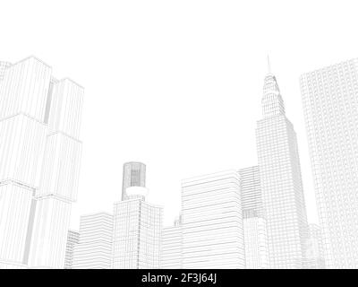 Kontur von Wolkenkratzern aus schwarzen Linien isoliert auf weißem Hintergrund. 3D. Vektorgrafik. Stock Vektor