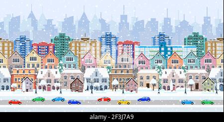 Panorama. Nahtlose Grenze mit einer winterlichen Stadtlandschaft Stock Vektor