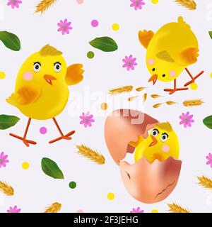 Osterhuhn, Blumen, Eier, grünes Blatt, Eierschale. Nahtloses Muster mit niedlichen Cartoon Hühner für Ihr Design Textil, Tapeten, Stoff, Plakate. Vektorgrafik. Stock Vektor