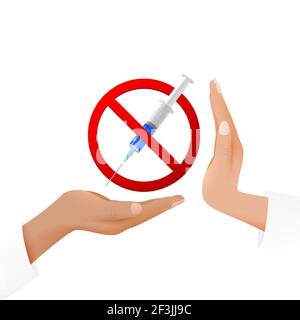 Konzept der Impfung oder der Verweigerung von Drogen. Eine Spritze auf der Hand in einem Verbotszeichen und eine Hand, die Protest ausdrückt. Vektorgrafik. Stock Vektor