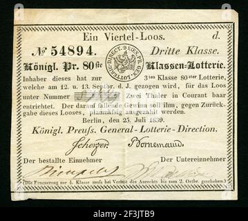 Europa, Deutschland, Preußen, Berlin, Los der Königlich Preußischen Klassenlotterie, ein viertel Los, Dritte Klasse, das Los wurde am 12. Und 13. September 1839 gezogen, herausgegeben wurde das Los von der Königl. Preuss. General-Lotterie-Direktion , 25. Juli 1839, Größe: 9,7 cm x 8,2 cm. / Europa, Deutschland, Preußen, Berlin, Lotterie der Royal Preussian Lottery Company, ein Lotterieschein aus dem Jahr 25. Juli 1939 , ein Viertel Lotterie-Ticket, dritte Klasse, Größe: 9,7 cm x 8,2 cm . Stockfoto