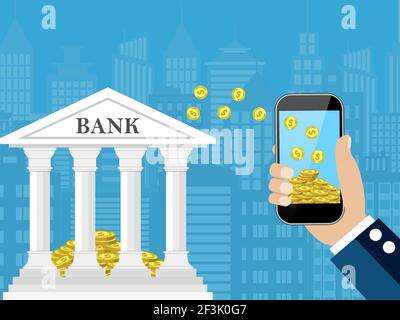 Hand hält Handy mit Goldmünzen Stock Vektor