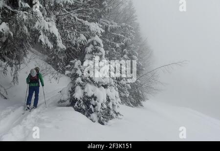 Garmisch Partenkirchen, Deutschland. März 2021, 17th. Ein Skitourengeher steigt durch viel Neuschnee den Berg hinauf. In den letzten Tagen haben die Alpen einen weiteren Wintereinbruch mit viel Neuschnee erlebt, weshalb die Lawinenwarnung Stufe 4 von 5 mittlerweile vielerorts in Kraft ist. Quelle: Angelika Warmuth/dpa/Alamy Live News Stockfoto