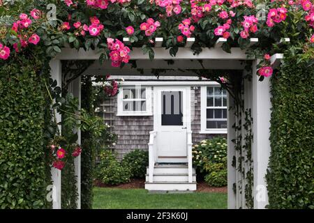 Ein mit Blumen bedeckter dekorativer hölzerner Torbogen führt zum Klappbretthaus Treppen und Eingang auf Nantucket Island Massachusetts New England USA Stockfoto