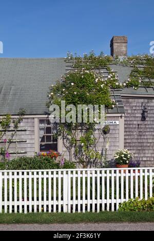 Historisches Klappbrett Cottage in Siasconset Village Nantucket Island Massachusetts New England, USA Stockfoto