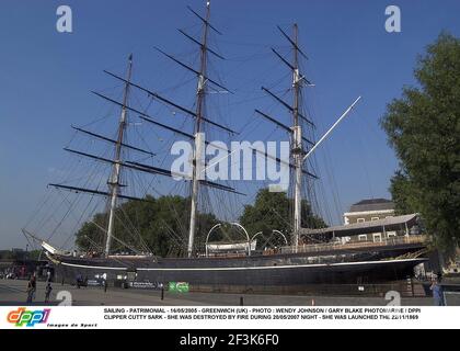 SEGELN - PATRIMONIAL - 16/05/2005 - GREENWICH (UK) - FOTO : WENDY JOHNSON / GARY BLAKE PHOTOMARINE / DPPI CLIPPER CUTTY SARK - SIE WURDE IN DER NACHT 20/05/2007 DURCH FEUER ZERSTÖRT - SIE WURDE AM 22/11/1869 GESTARTET Stockfoto