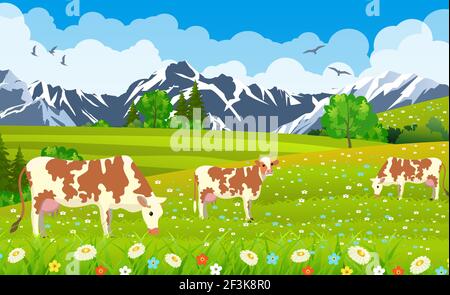 Drei Kühe in einer Landschaft und Bauernhof. Stock Vektor