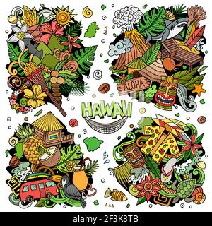 Hawaii Cartoon Vektor Doodle Designs Set. Farbenfrohe, detailreiche Kompositionen mit vielen hawaiianischen Objekten und Symbolen. Alle Elemente sind getrennt Stock Vektor