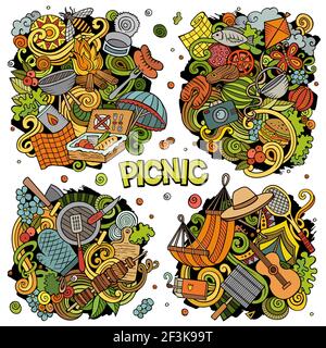 Picknick Cartoon Vektor Doodle Designs Set. Farbenfrohe, detailreiche Kompositionen mit vielen Lebensmitteln und Naturobjekten und Symbolen. Alle Elemente sind getrennt Stock Vektor